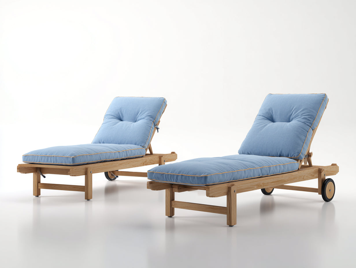 Tumbonas de madera pack de 2 con acolchado azul claro 200x68x88 cm - respaldo ajustable - con ruedas