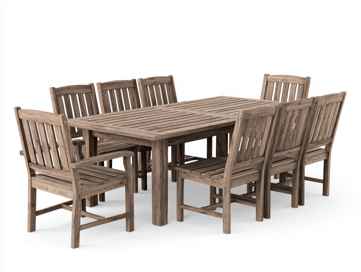 Conjuntos de comedor de jardín de madera 200x100x75 cm - madera natural envejecida - 9 piezas para exterior