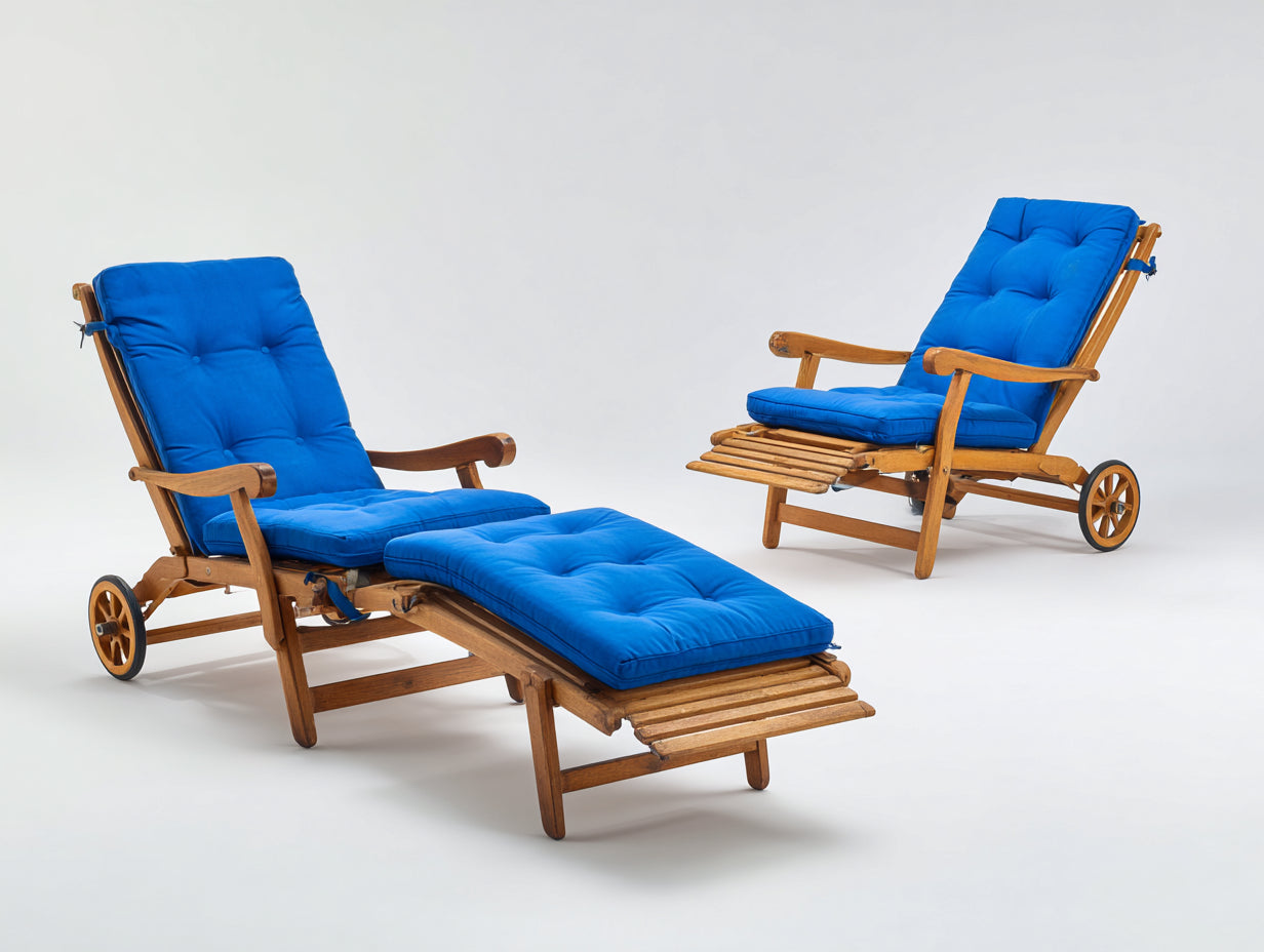 Set de 2 Tumbonas de madera 198x66x90 cm - azul y madera natural - reclinables con ruedas para jardín