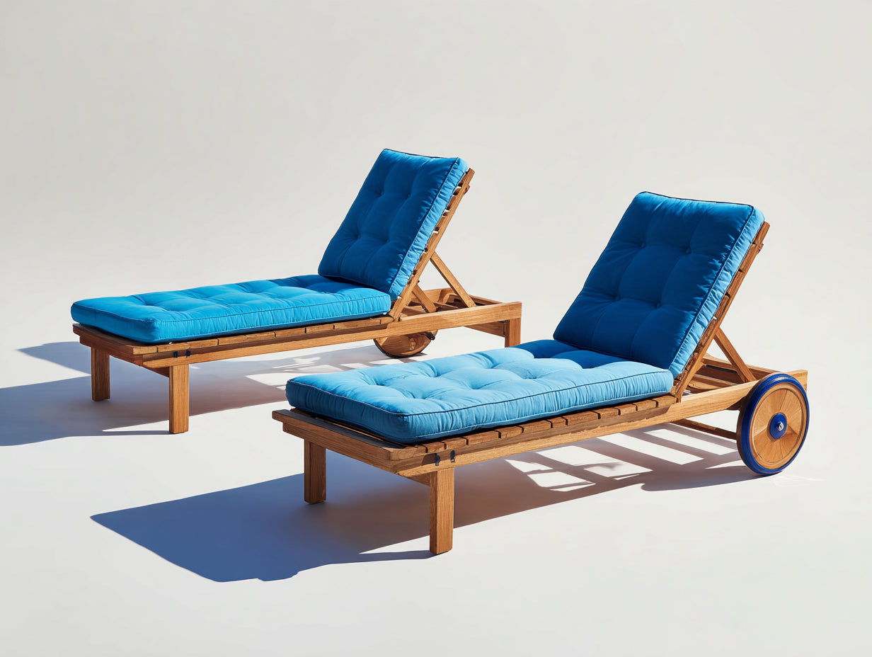 Juego de 2 Tumbonas de madera 200x70x86 cm - azul y madera natural - respaldo reclinable con ruedas para jardín
