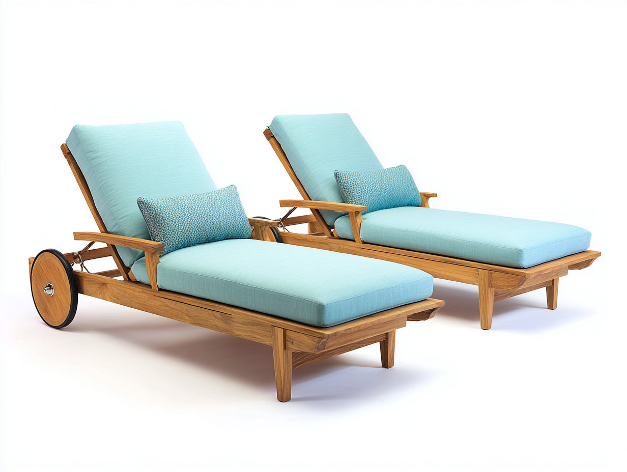 Tumbonas de madera pack de 2 con acolchado azul claro 205x70x92 cm - respaldo ajustable - con ruedas