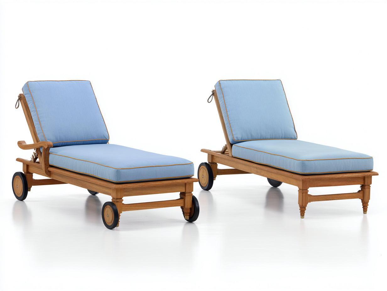 Tumbonas de madera 200x75x95 cm - Azul claro y madera natural - Juego de 2 con respaldo reclinable y ruedas
