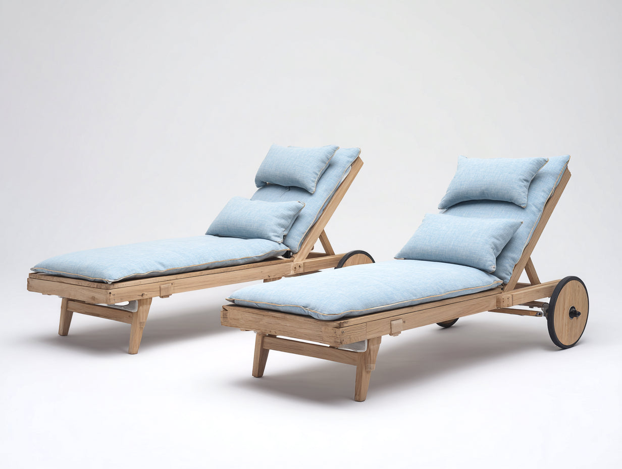 Juego de 2 Tumbonas de madera 200x68x90 cm - azul claro y madera natural - respaldo reclinable con ruedas