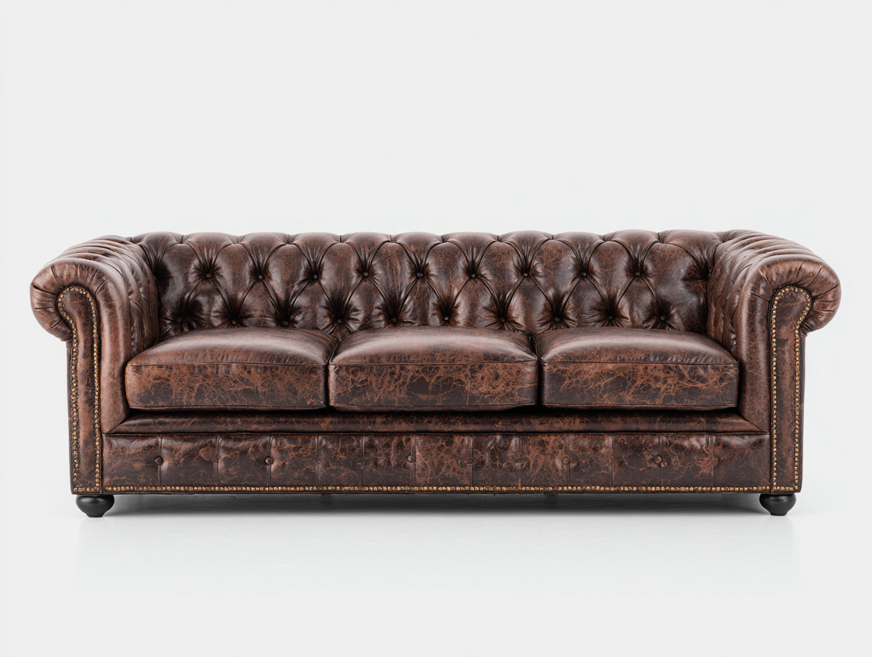 Sofás 3 plazas tapizado efecto piel envejecida 225x95x78 cm - marrón oscuro - diseño capitoné clásico para salón