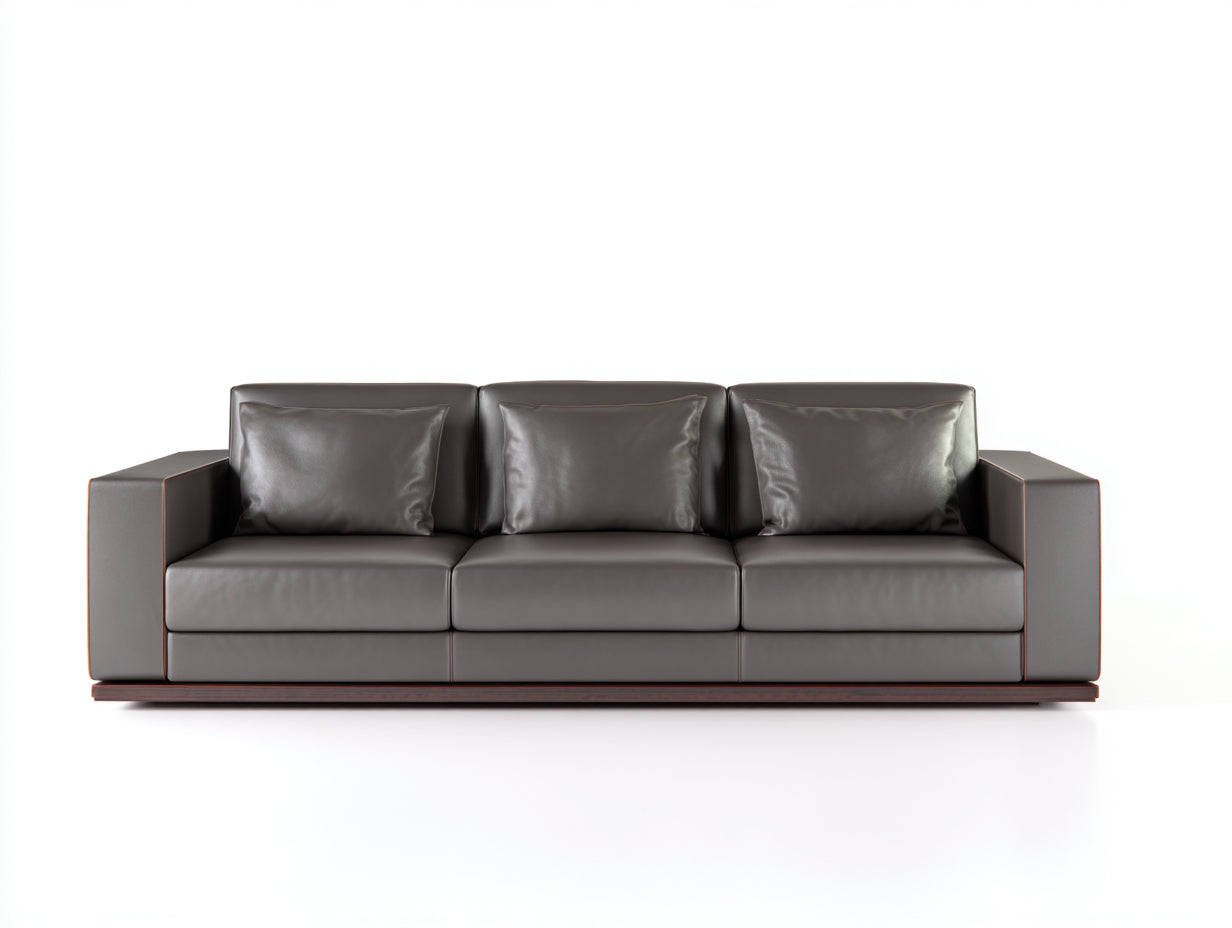 Sofás 3 plazas tapizado efecto piel 218x92x78 cm - gris topo y madera oscura - diseño moderno con brazos rectos para salón