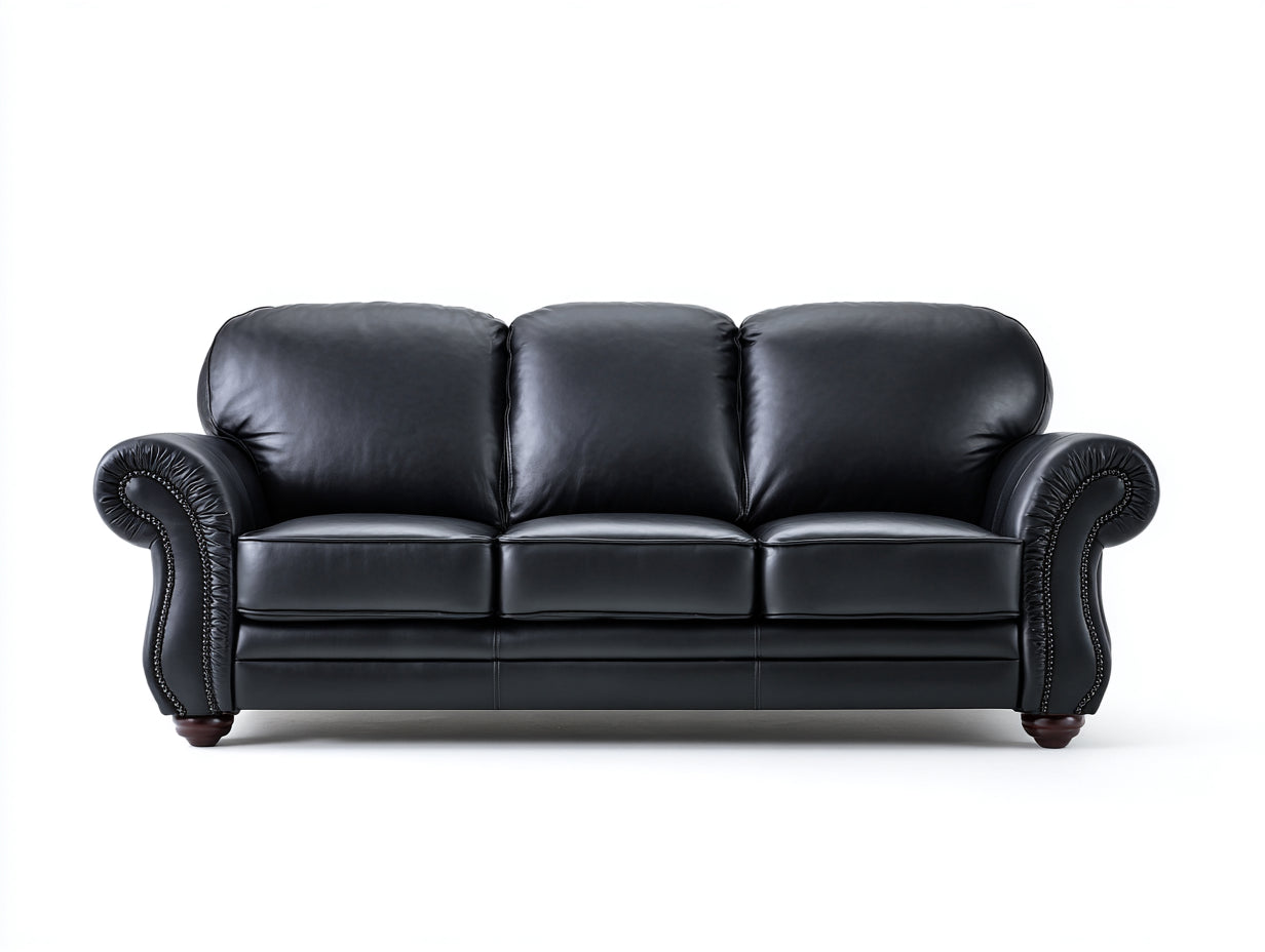 Sofás 3 plazas tapizado efecto piel 225x92x88 cm - negro - reposabrazos enrollados