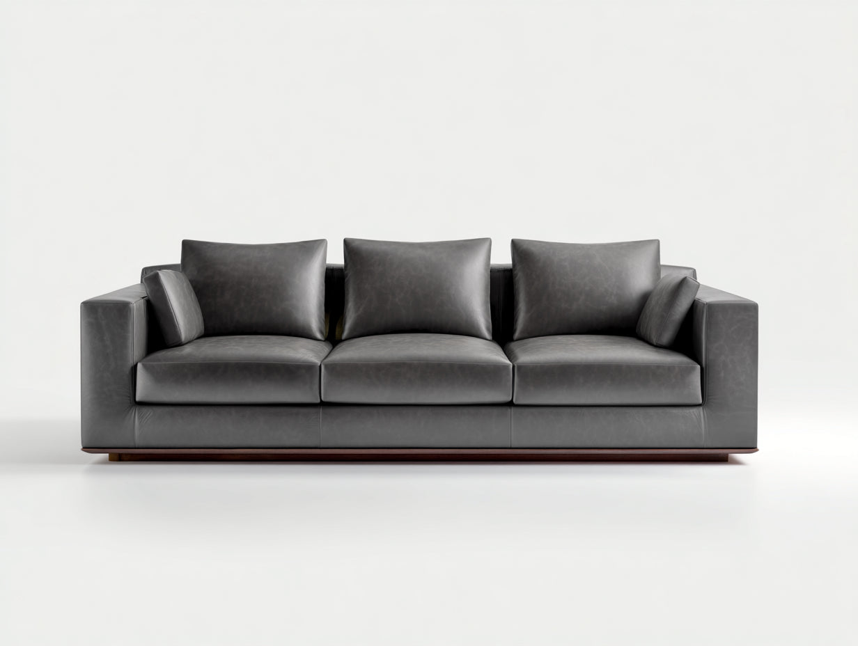 Sofás 3 plazas tapizado efecto piel 230x95x78 cm - gris oscuro y madera oscura - diseño moderno para salón