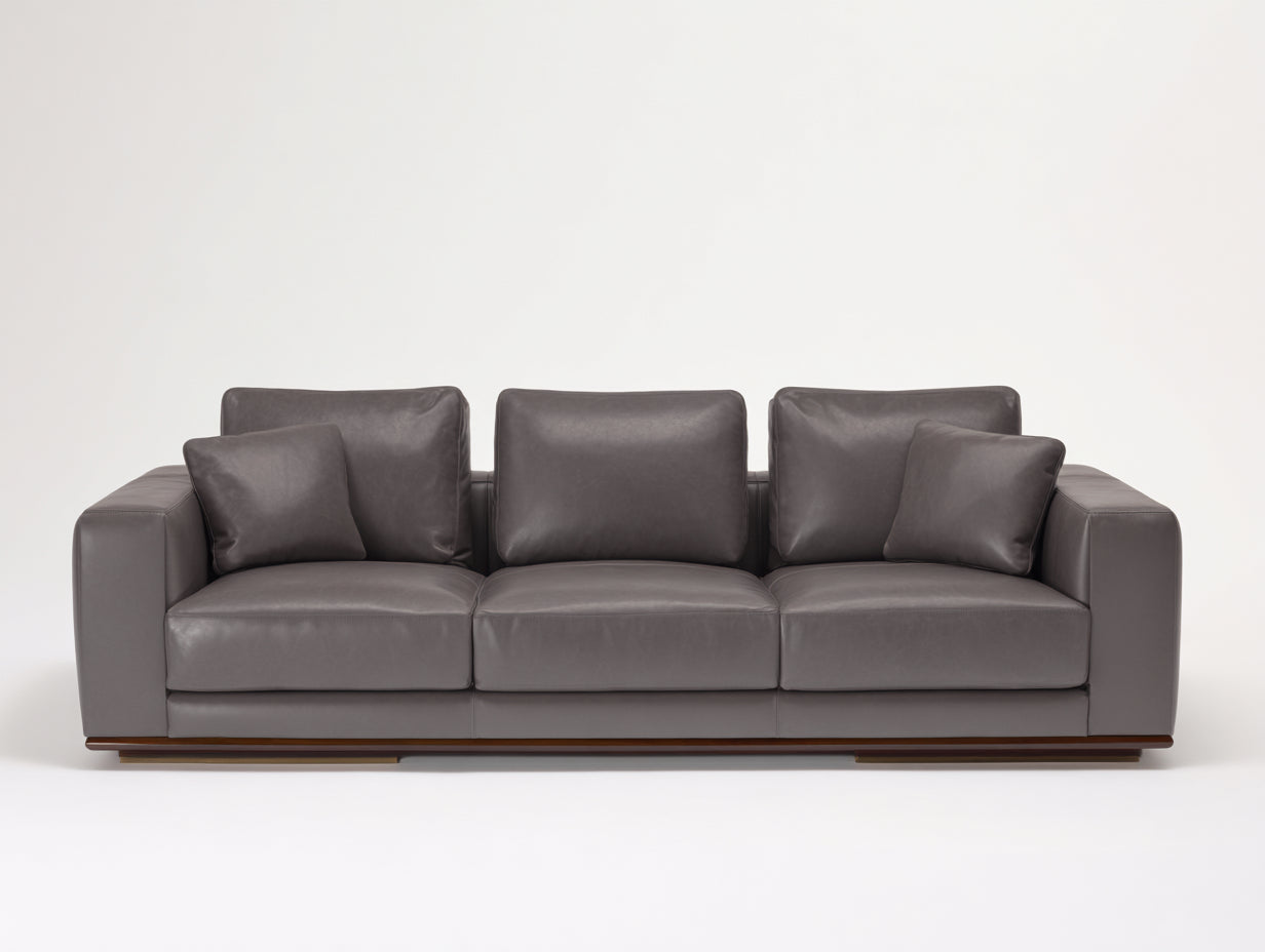 Sofás 3 plazas tapizado efecto piel 230x92x84 cm - gris topo - brazos rectos y base de madera