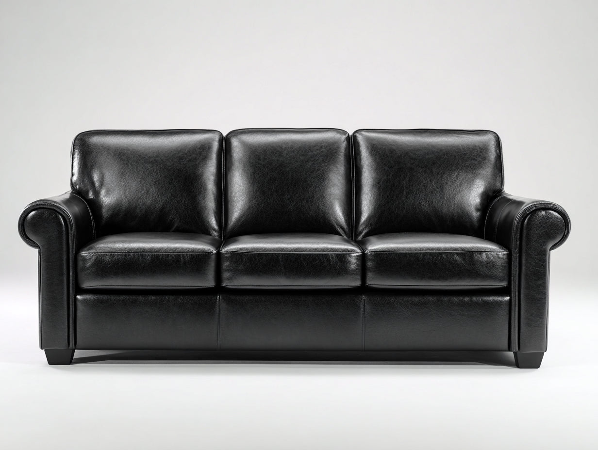 Sofás 3 plazas de piel sintética 205x88x88 cm - Negro - Diseño clásico con reposabrazos redondeados