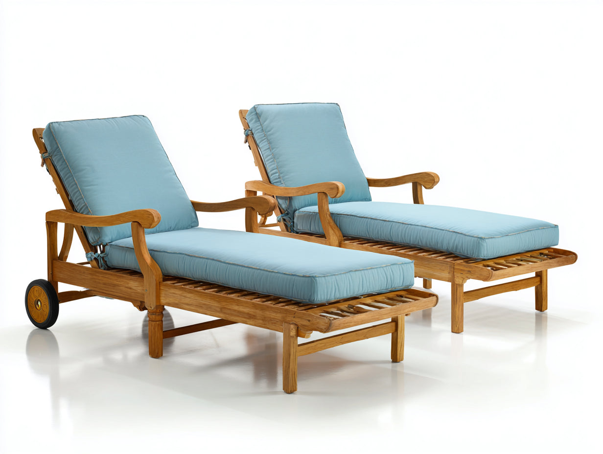 Tumbonas de madera pack de 2 con acolchado azul claro 205x72x92 cm - respaldo ajustable - con reposabrazos y ruedas