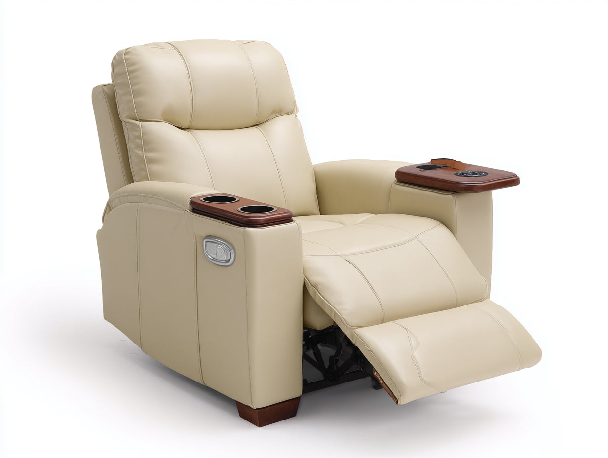 Sillones reclinables de cuero sintético 102x98x105 cm - Beige - Reclinación eléctrica con reposapiés y portavasos