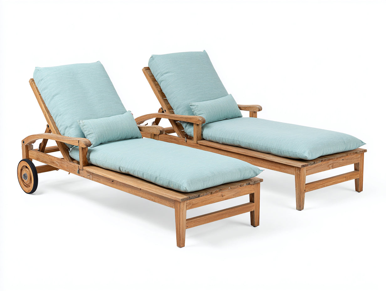 Tumbonas de madera 200x75x95 cm - Azul claro y madera natural - Juego de 2 con respaldo reclinable reposabrazos y ruedas