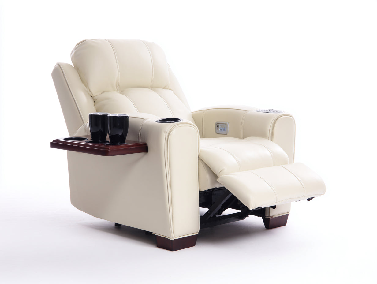 Sillones reclinables tapizado efecto piel 100x92x101 cm - crema y madera oscura - con reposapiés y portavasos para salón