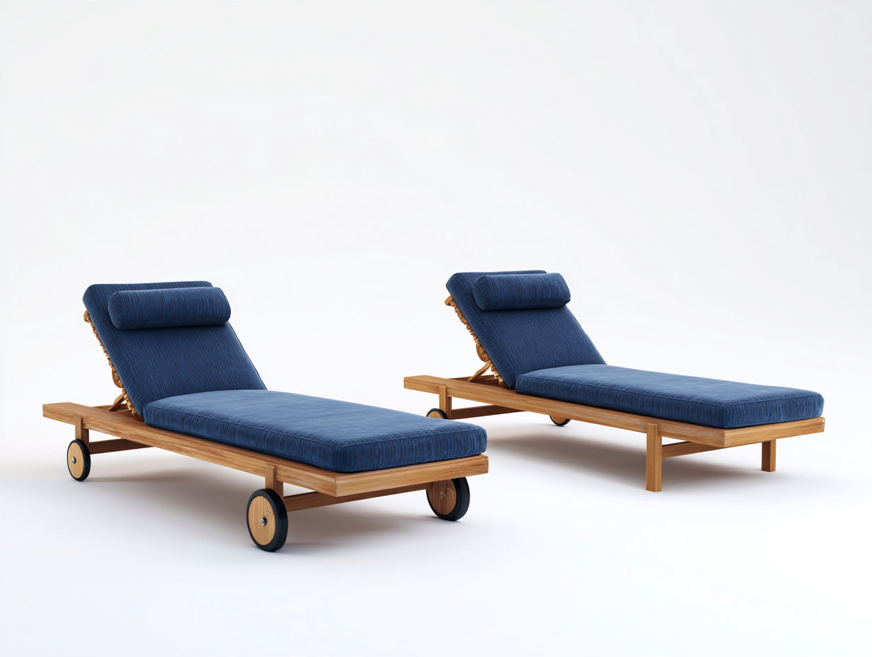 Tumbonas de madera 200x72x88 cm - Azul marino y madera natural - Juego de 2 con respaldo reclinable y ruedas