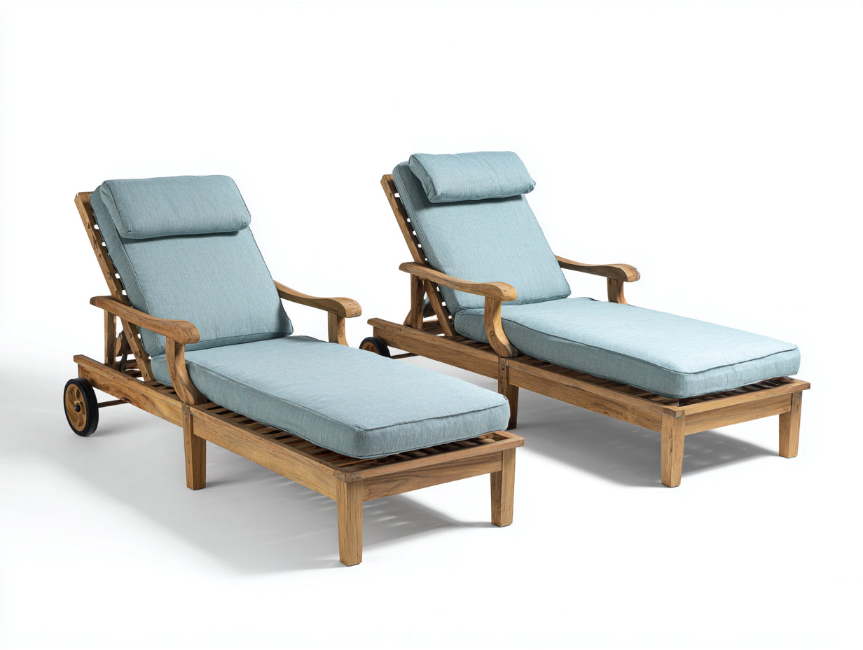 Set de 2 Tumbonas de madera 200x68x90 cm - azul claro y madera natural - reclinables con ruedas para jardín