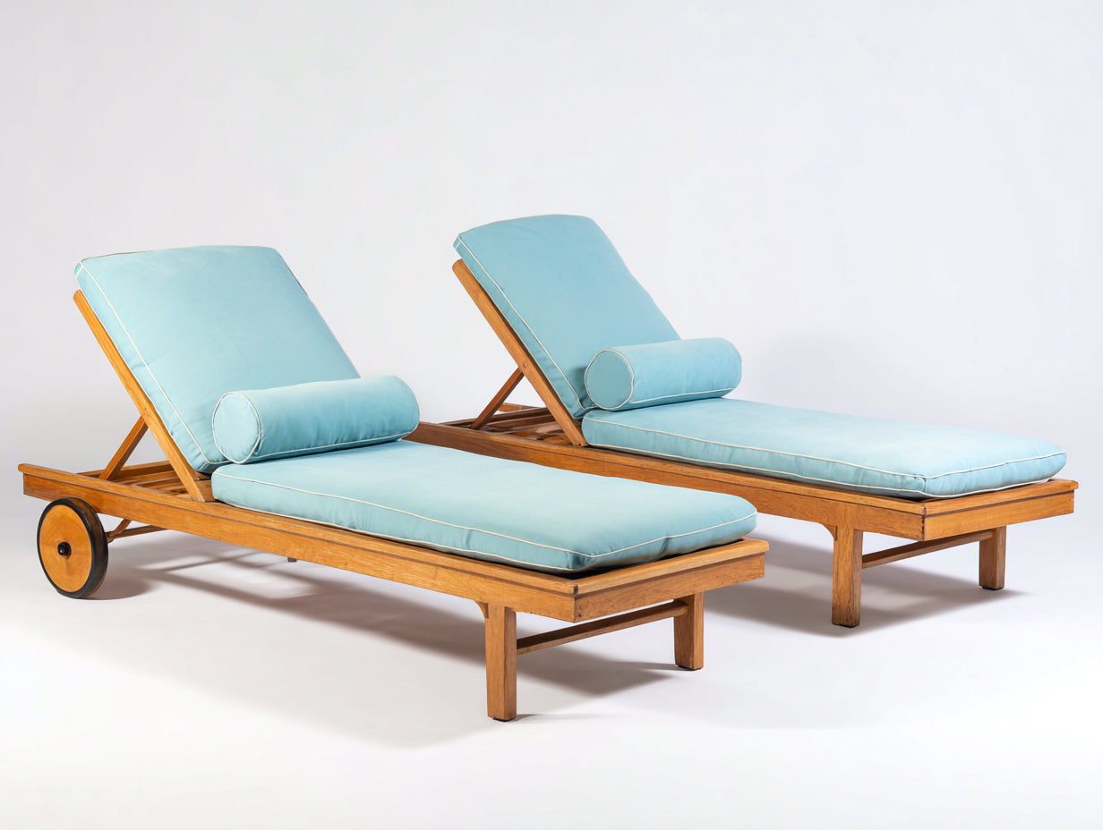Set de 2 Tumbonas de madera 200x65x86 cm - azul claro y madera natural - reclinables con ruedas para jardín